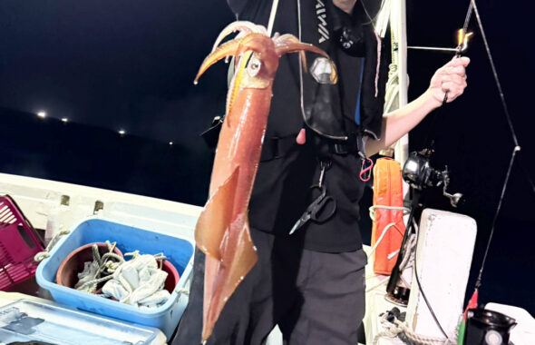 遅出し便で沖合へ！2枚潮に苦戦もパラソル級メインでトップ60杯の夜焚きイカ